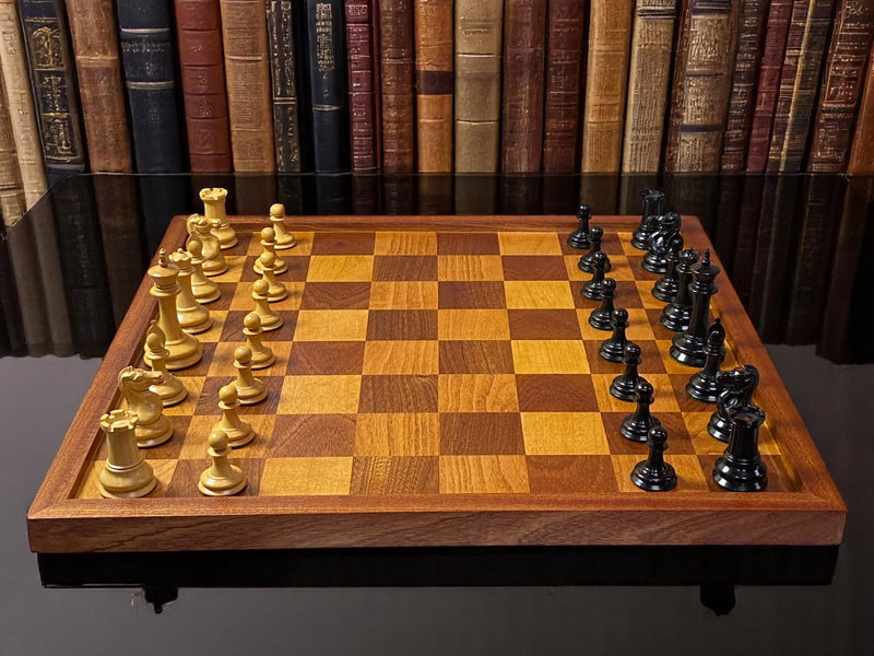 Leuchars Cooke 1849 Chess Set with Large Antiqued Framed Board, Hinged Mahogany Box