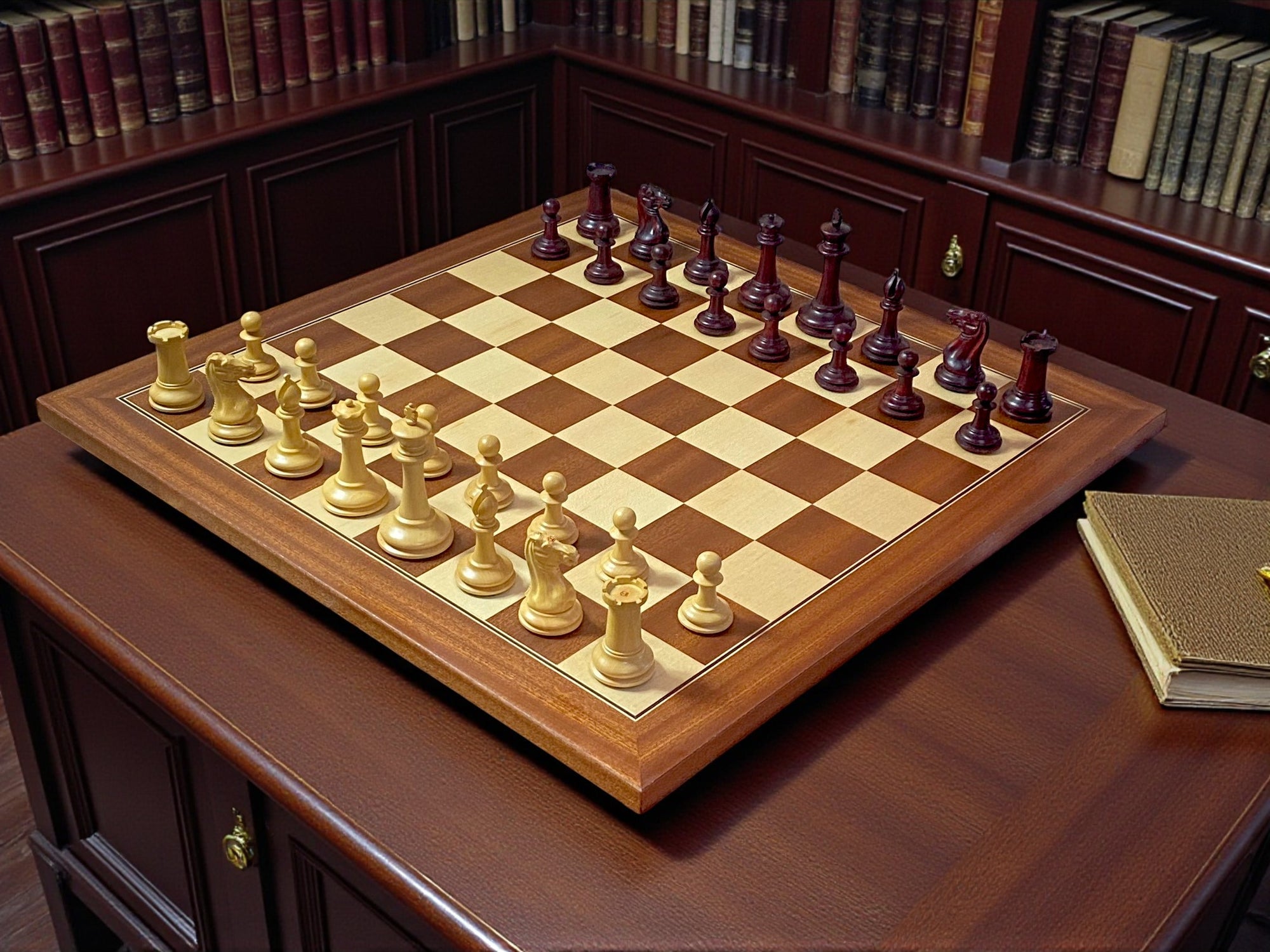 Cooke 3.5" Claret Boxwood Chess Set with Mahogany & Maple Deluxe Board and Vinyl Box