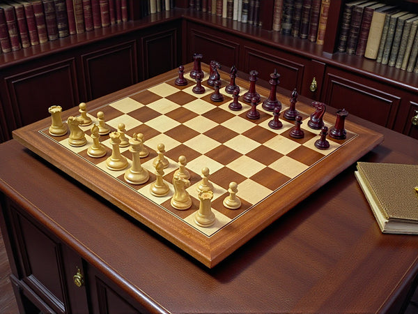 Cooke 3.5" Claret Boxwood Chess Set with Mahogany & Maple Deluxe Board and Vinyl Box
