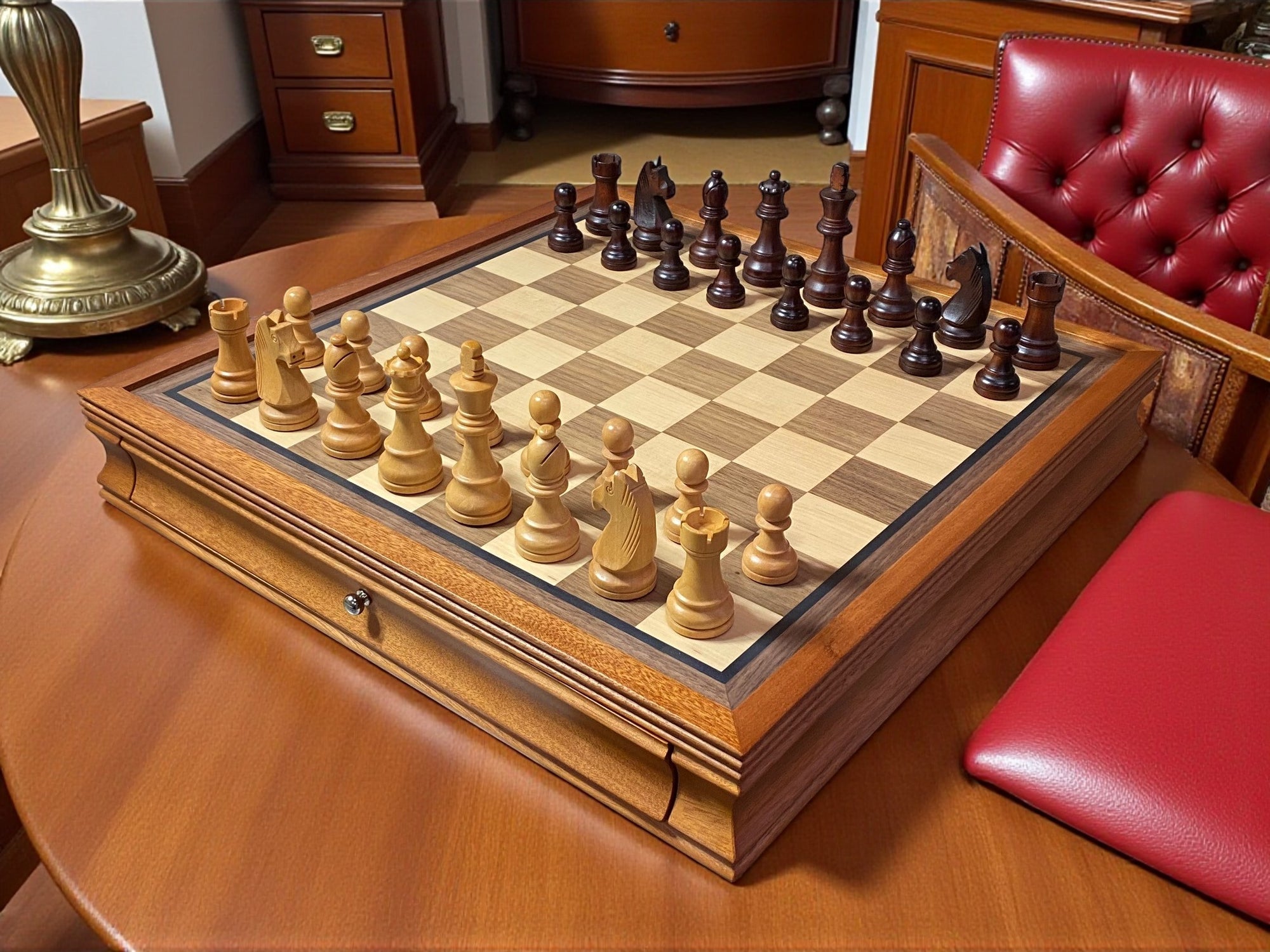 Grandmaster Brown Walnut Mahogany Drawer Chess Set