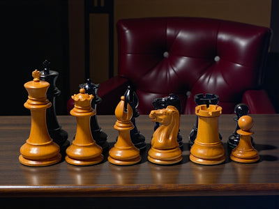 4.4" 1850 Antique Ebony Chessmen and Mahogany Deluxe Box