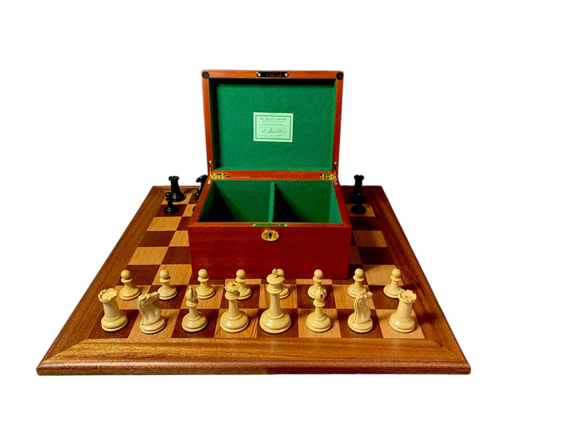 3.5" Cooke Reproduction Chess Pieces, Antiqued Chessboard, Mahogany Hinged Box