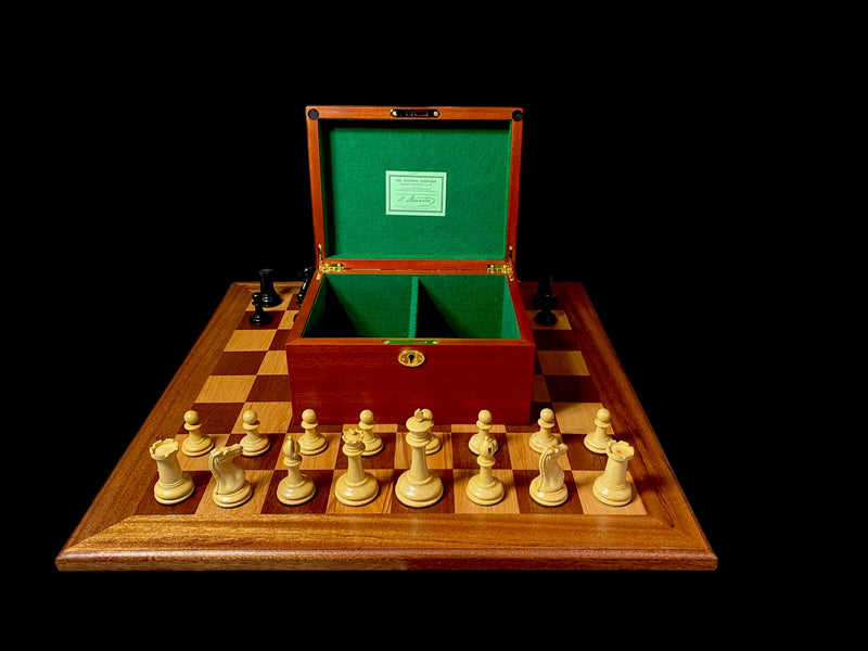 3.5" Cooke Reproduction Chess Pieces, Antiqued Chessboard, Mahogany Hinged Box