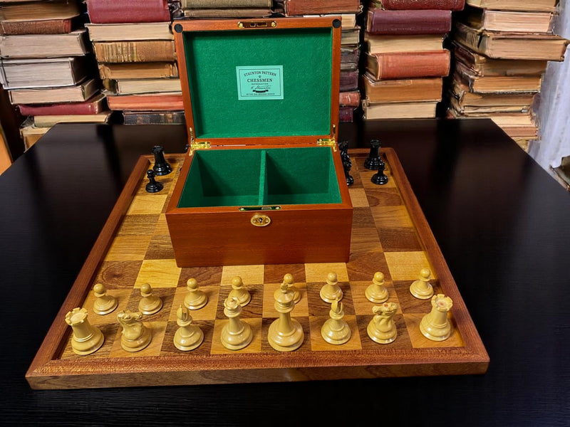 Leuchars Cooke 1849 Chess Set with Large Antiqued Framed Board, Hinged Mahogany Box