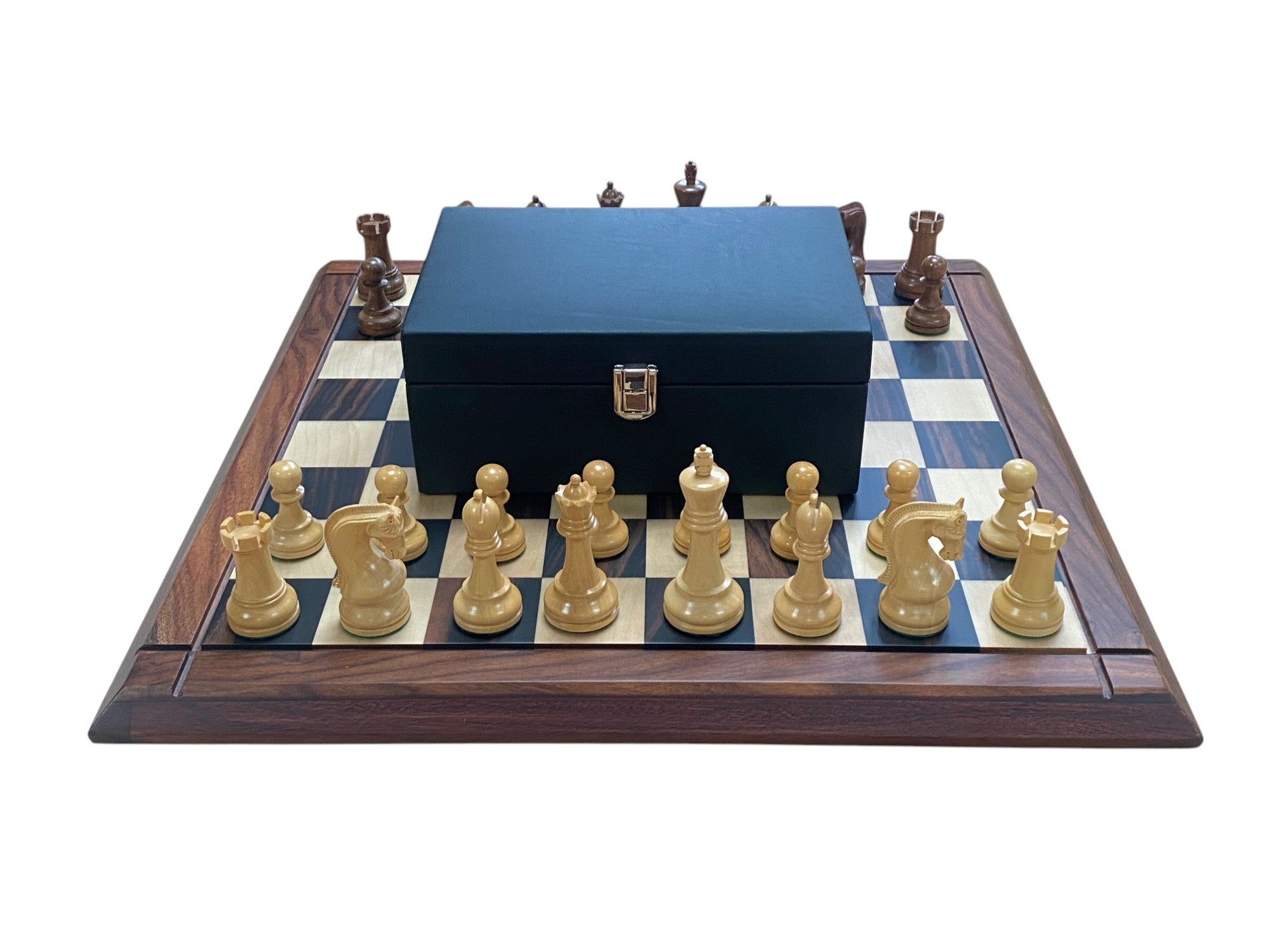 Leningrad Acacia Chess Pieces with Deluxe Ebony Rosewood Chessboard & Vinyl Box