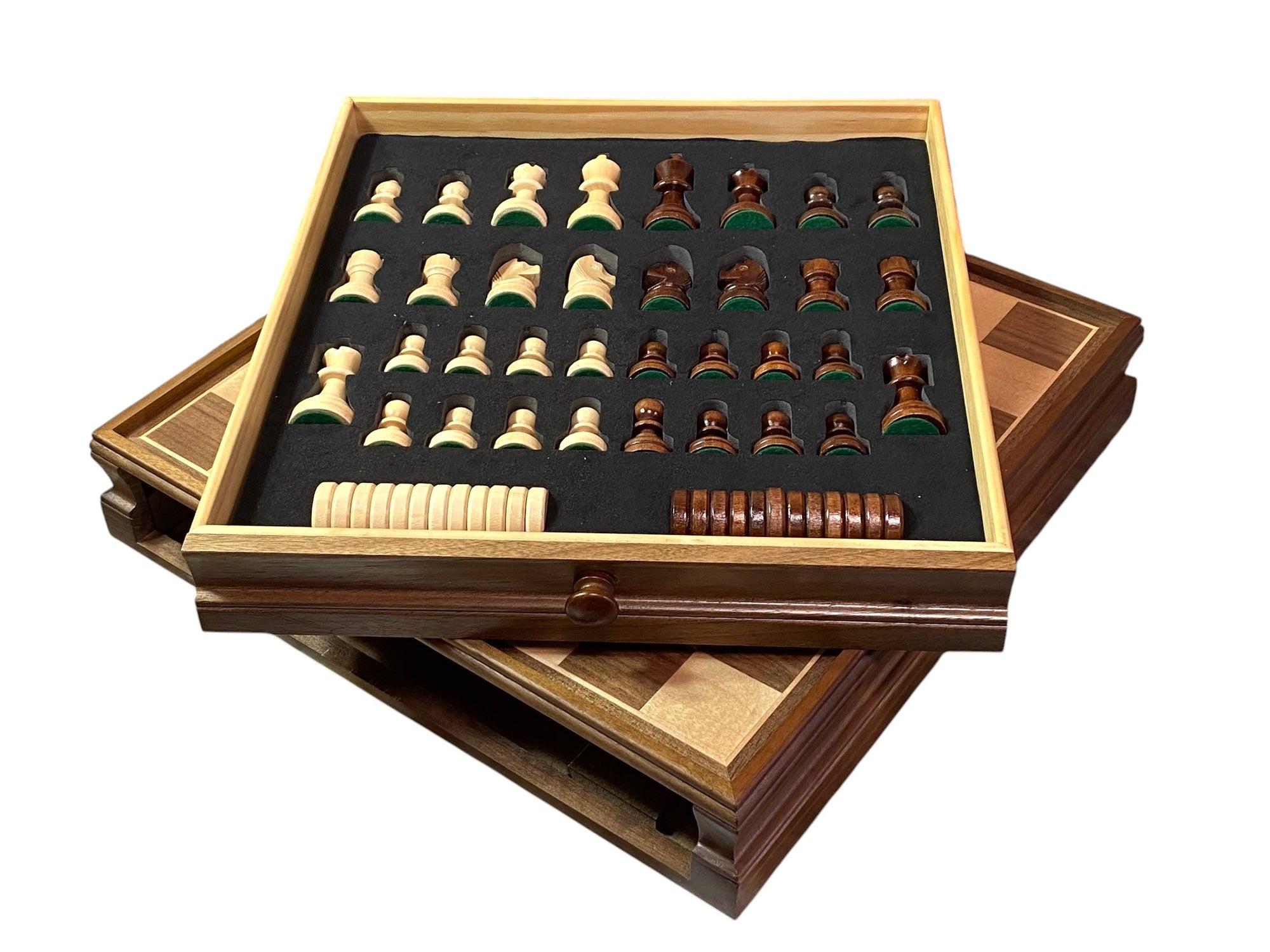 Economy 15-Inch Walnut Drawer Chess and Draughts Set