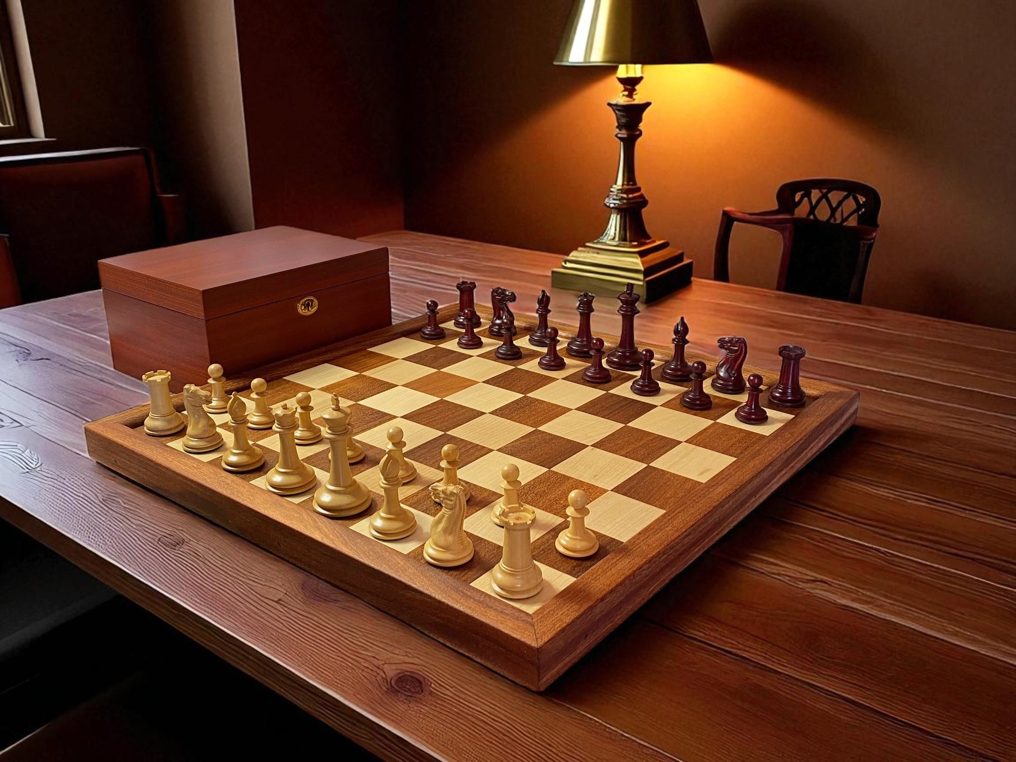 3.5" Cooke Claret Chessmen Mahogany Frame Chessboard and Hinge Box