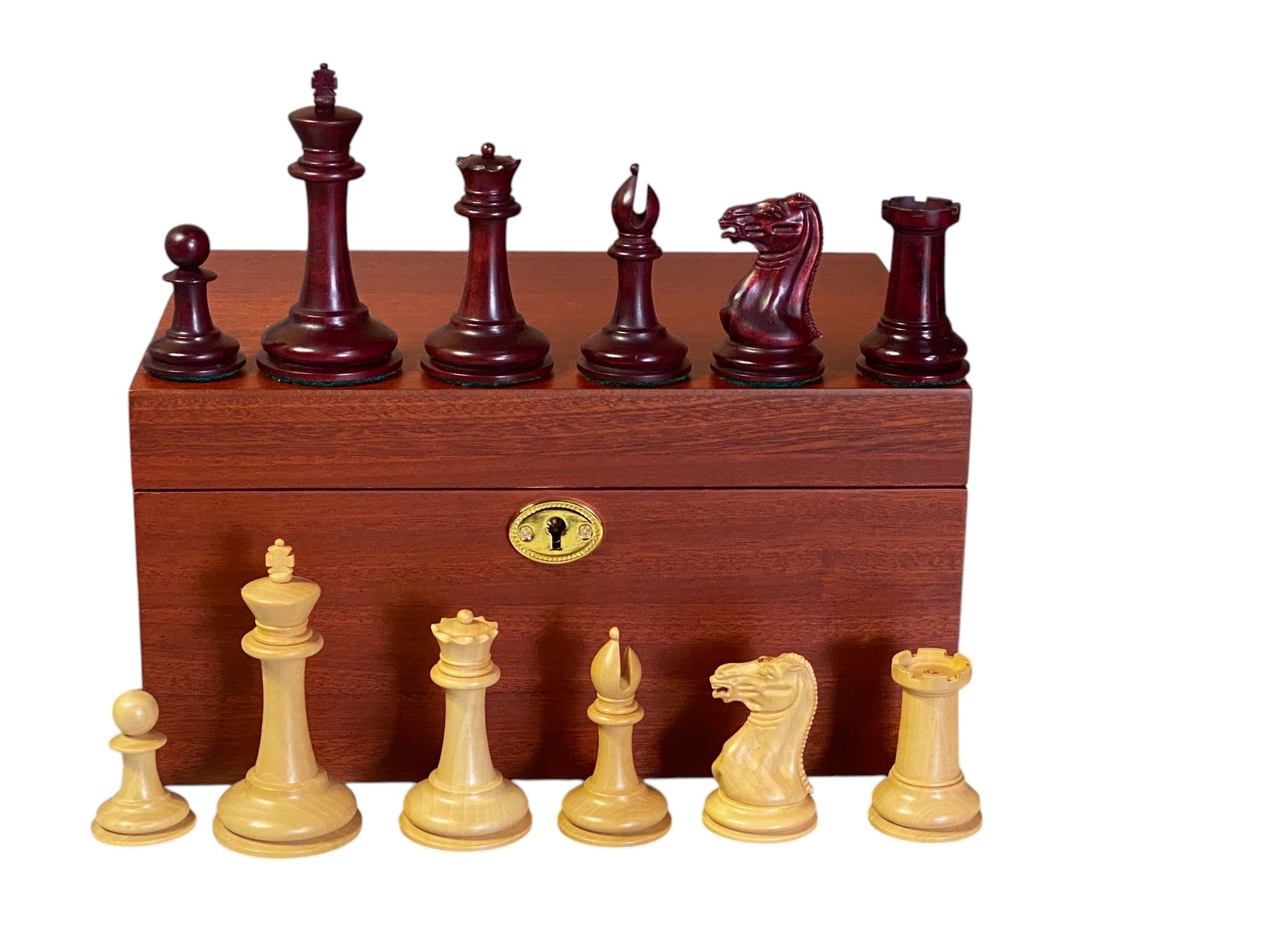3.5" Cooke Claret Chessmen Mahogany Frame Chessboard and Hinge Box