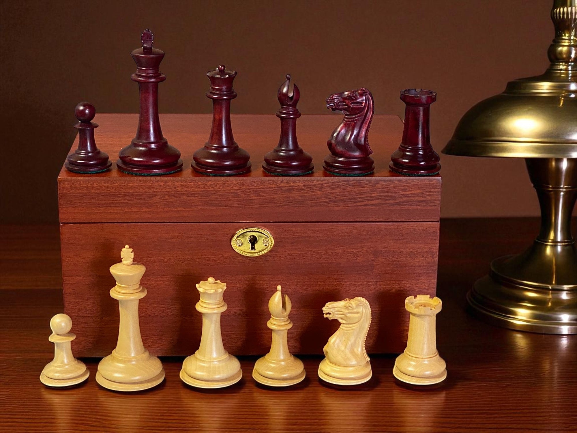 3.5" Cooke Claret Chessmen Mahogany Frame Chessboard and Hinge Box