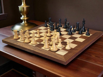 21-Inch Acacia & Maple Chessboard with 4-Inch Staunton Collector Series Chessmen & Mahogany Box