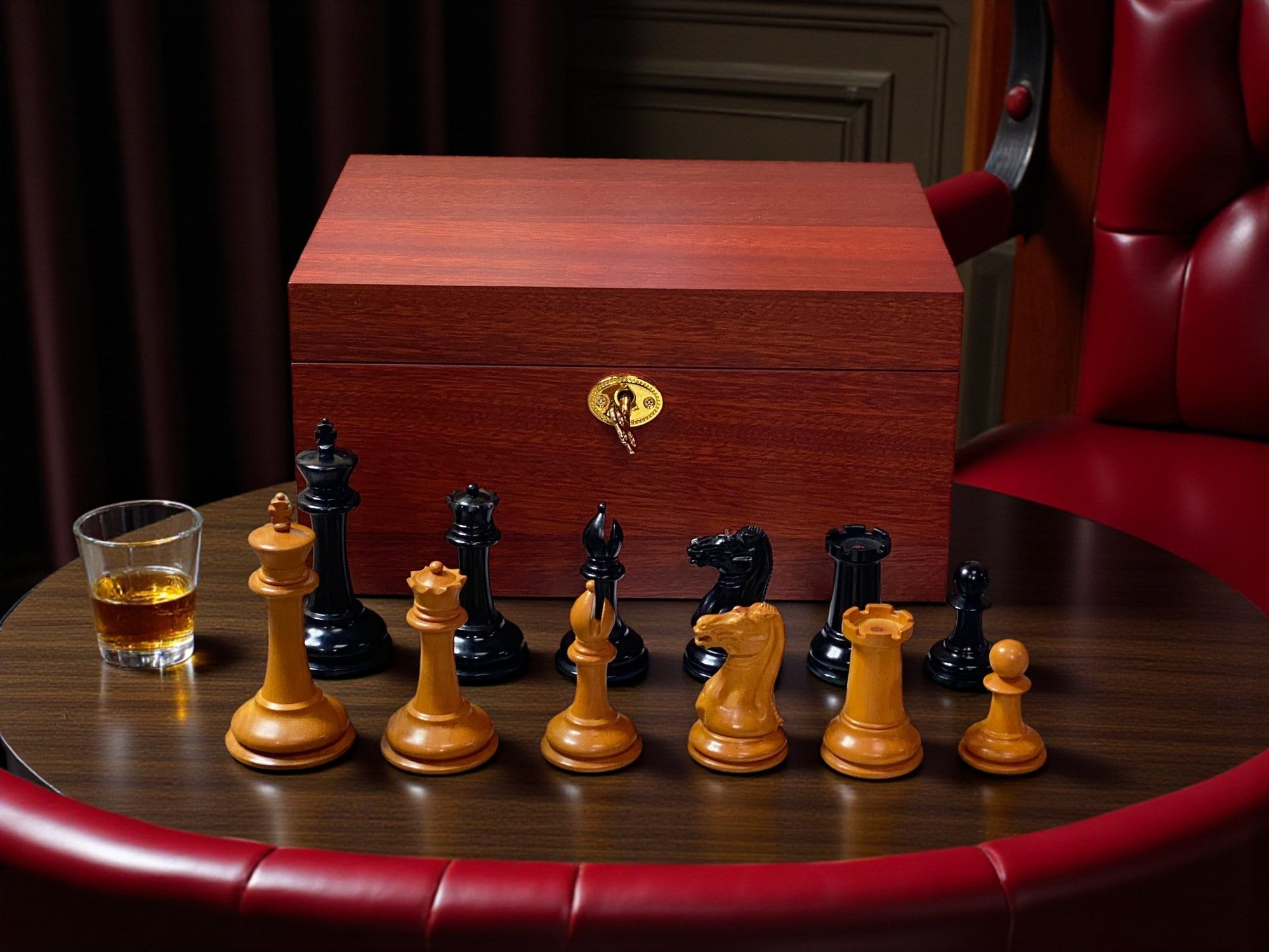 3.5" 1849 Antique Cooke Chessmen with Mahogany Box