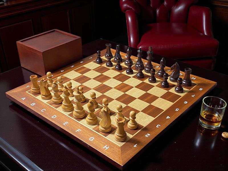 Grandmaster Full Sized Pieces & 20" Algebraic Mahogany Board -Slide Box