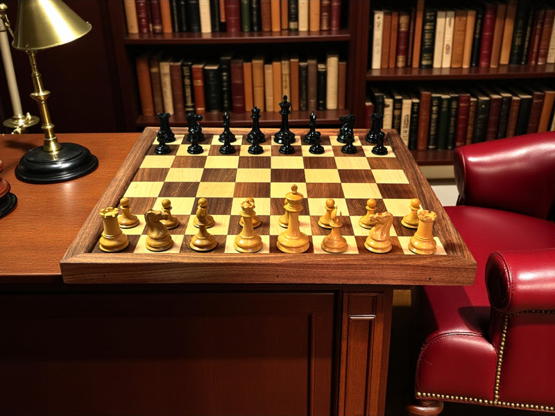 Leuchars Chessmen Mahogany Box with Framed Wood Chessboard