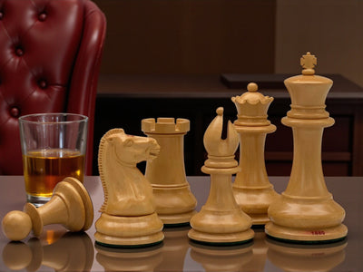 1850 Boxwood and Ebony Chessmen – 4.4-Inch King -Deluxe Mahogany Box