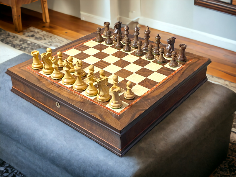 Luxury Italian Walnut Lid Chess Cabinet with Elite Acacia Chessmen - Official Staunton™ 