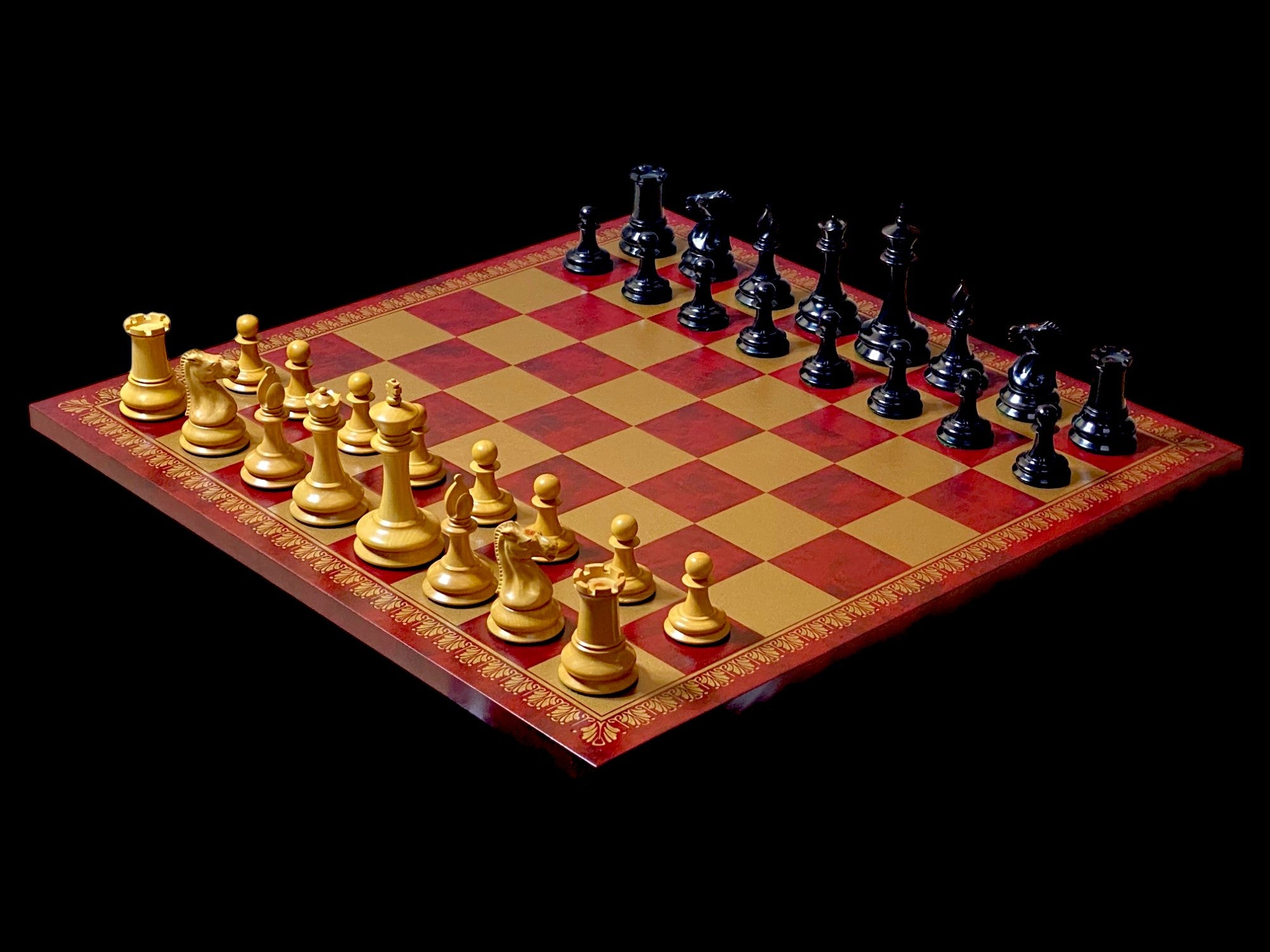 3.5" Leuchars  2- Chessmen 18" Italian Claret Chess Board, Mahogany Hinge Top Box