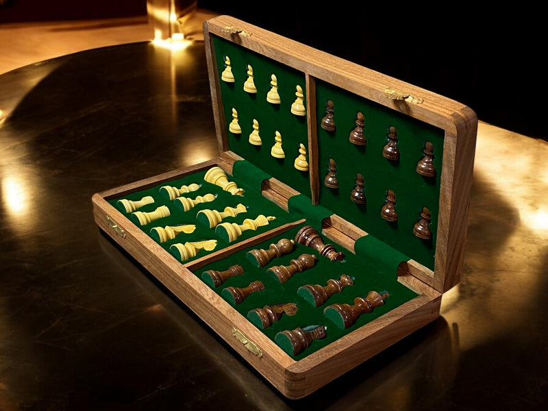 14" Hand Made Acacia Magnetic Folding Chess Set