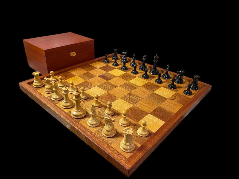 Leuchars Cooke 1849 Chess Set with Large Antiqued Framed Board, Hinged Mahogany Box