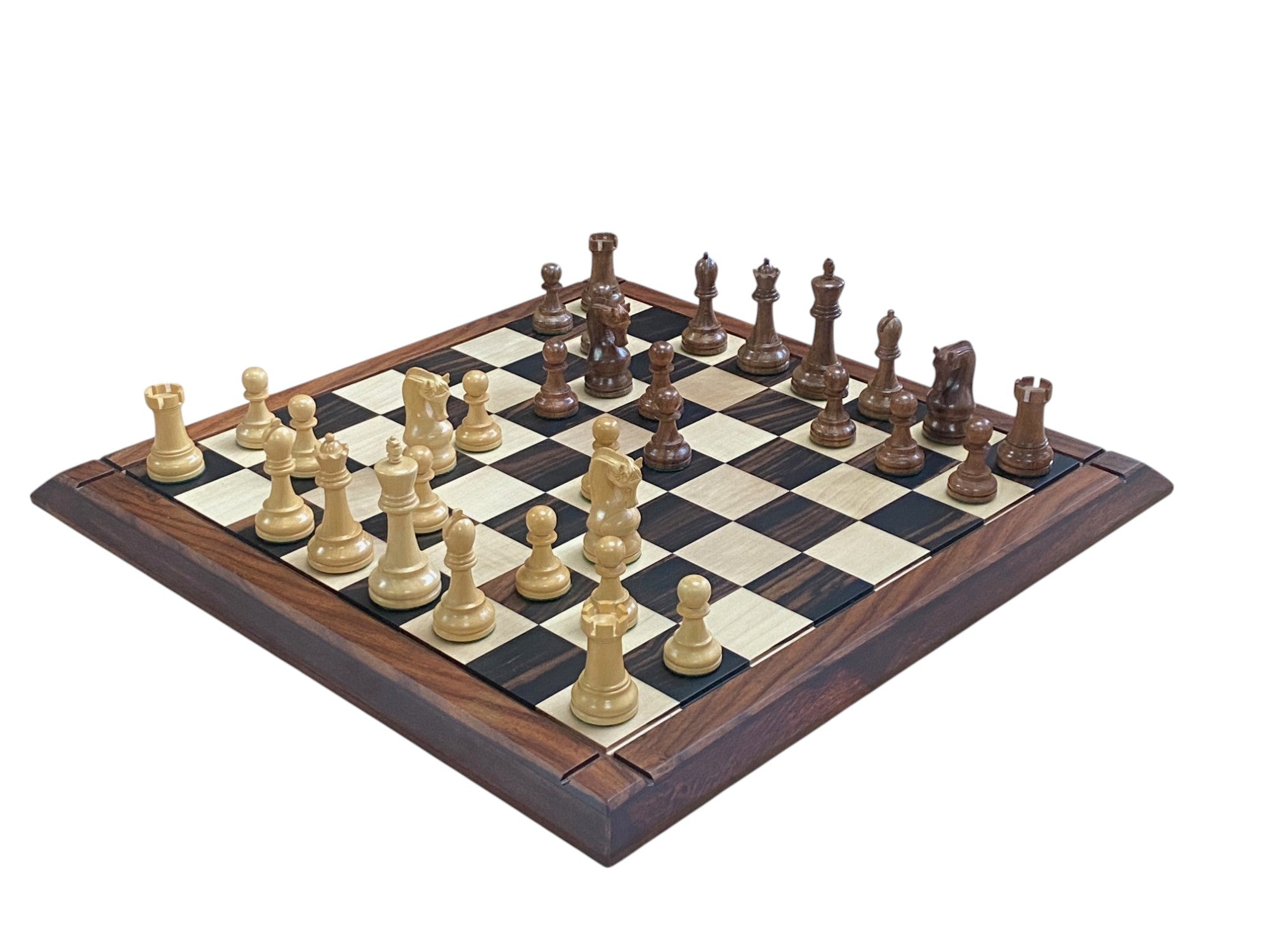 Leningrad Acacia Chess Pieces with Deluxe Ebony Rosewood Chessboard & Vinyl Box