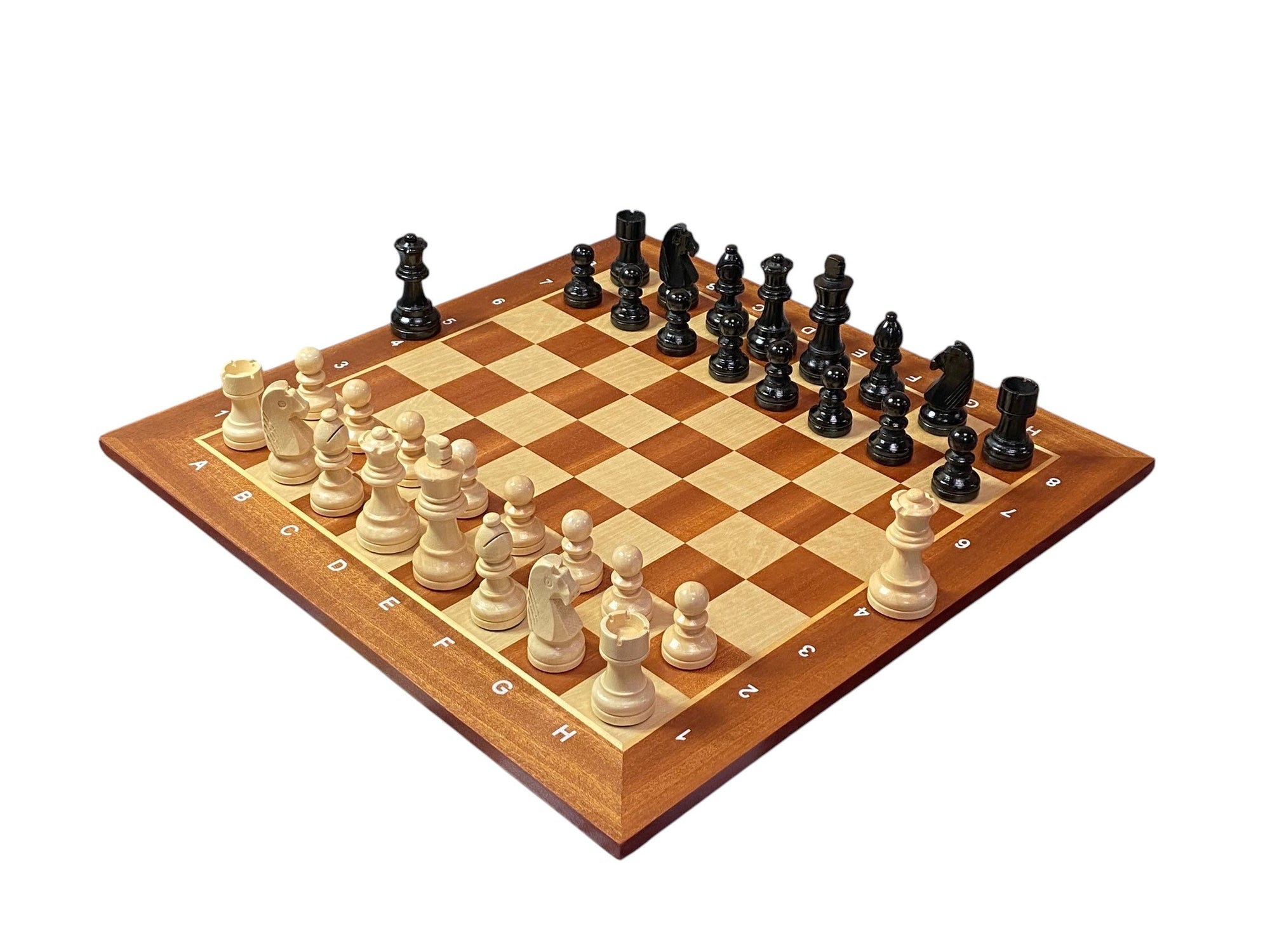 Economy Grandmaster Black Chessmen-  Algebraic Mahogany Chess Board