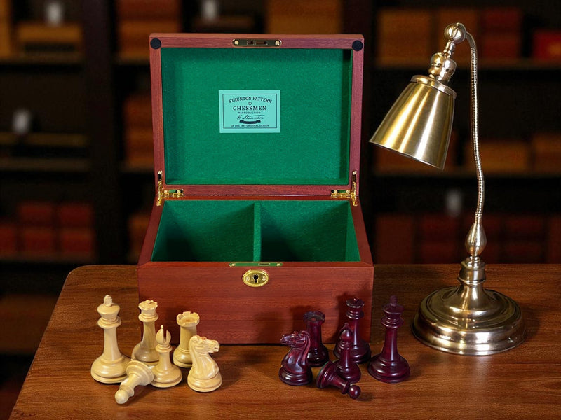 3.5" Cooke Claret Chessmen Mahogany Frame Chessboard and Hinge Box