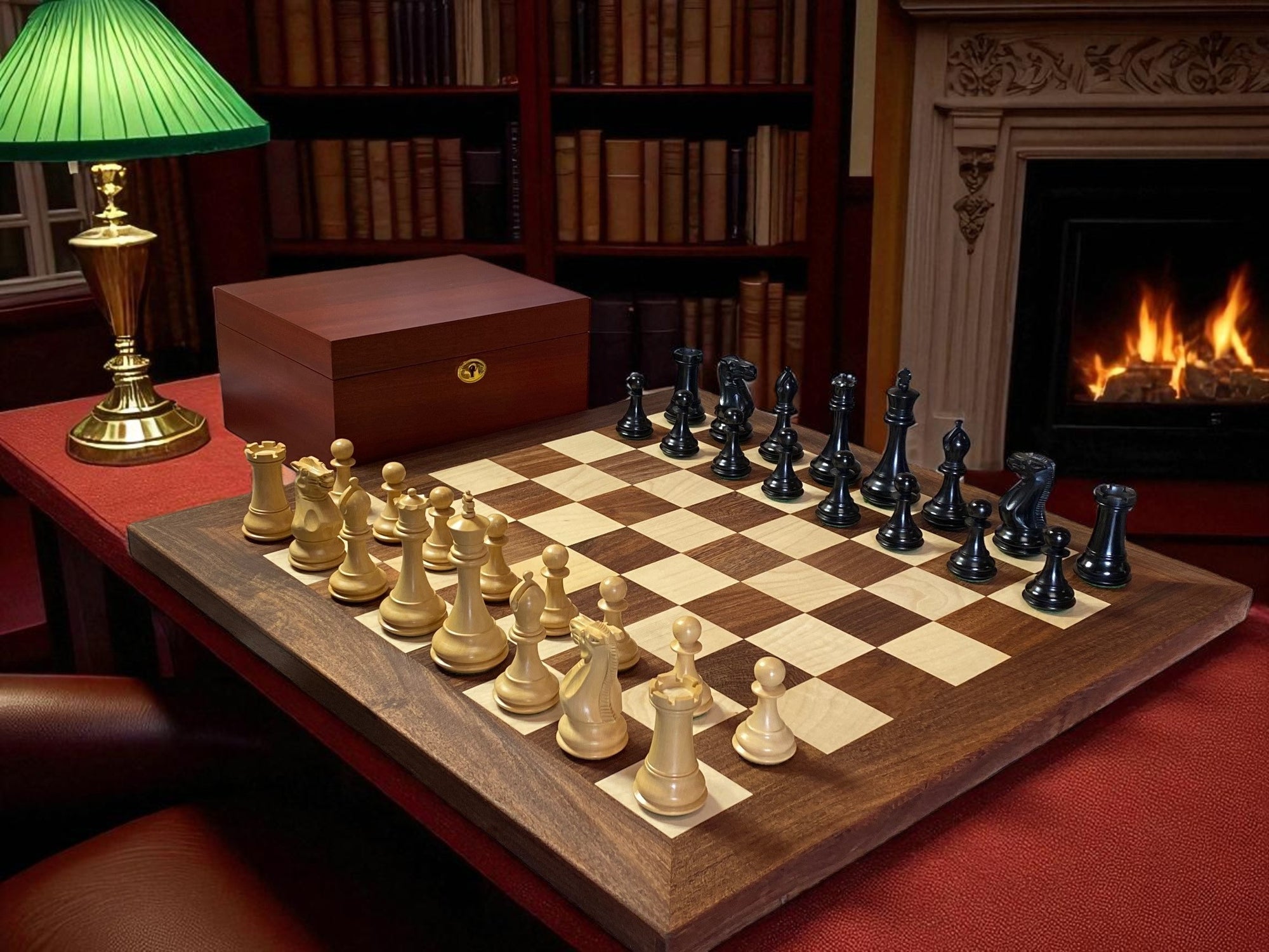 21-Inch Acacia & Maple Chessboard with 4-Inch Staunton Collector Series Chessmen & Mahogany Box