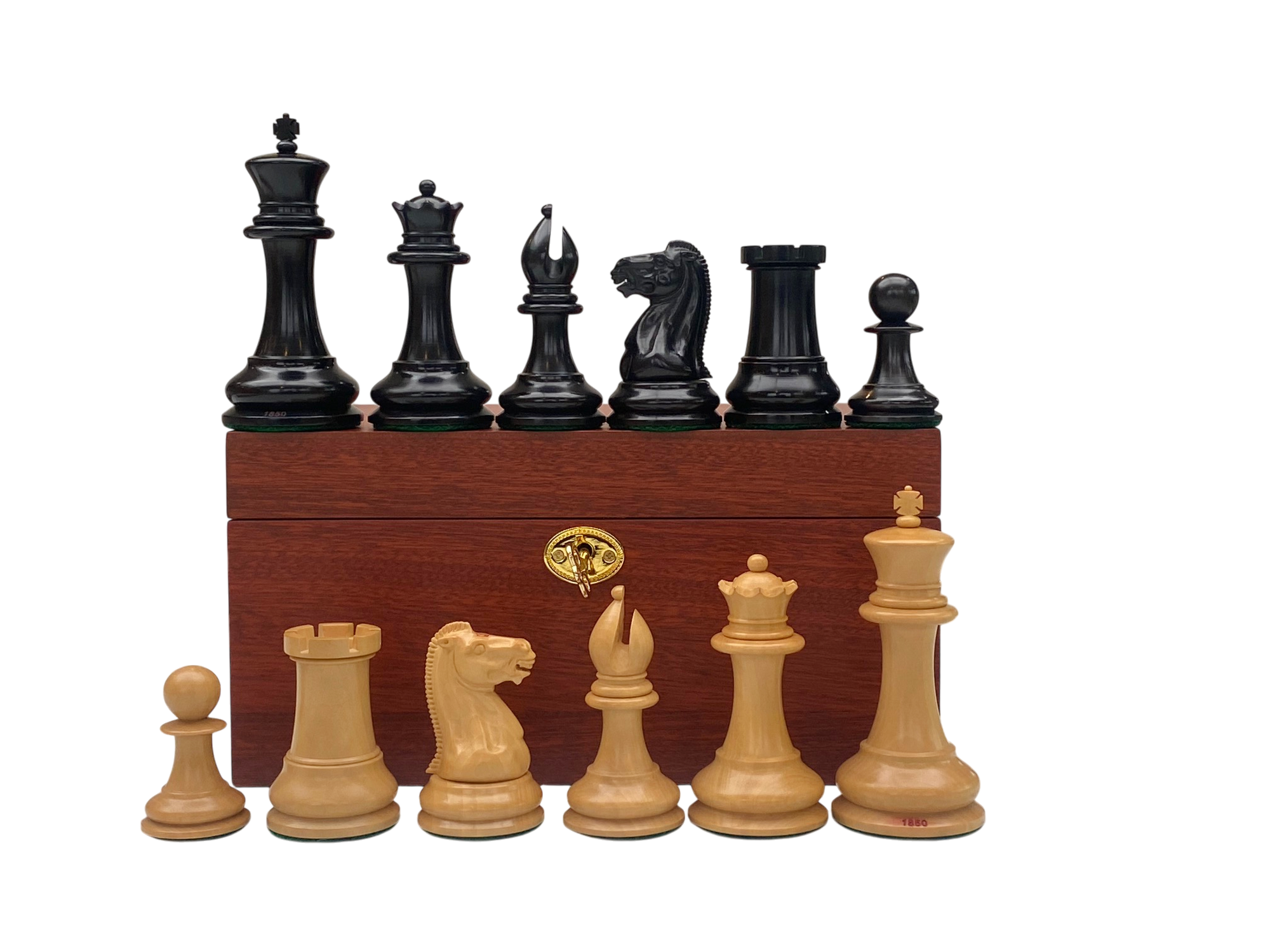 4.4" 1850 Boxwood and Ebony Chessmen – Deluxe Mahogany Box
