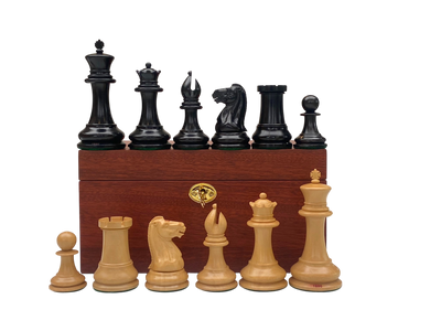 1850 Boxwood and Ebony Chessmen – 4.4-Inch King -Deluxe Mahogany Box