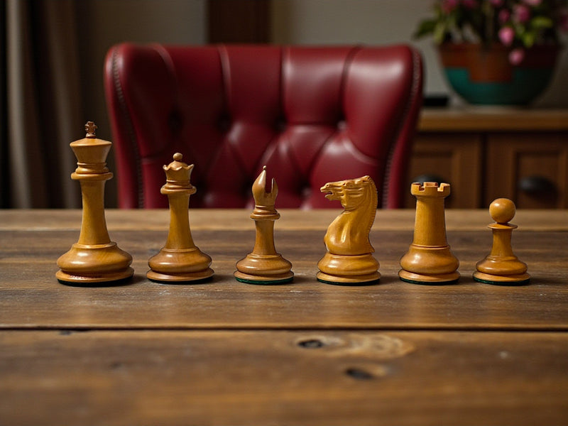 3.5" 1850 Antique Ebony Chessmen with Hinged Mahogany Box