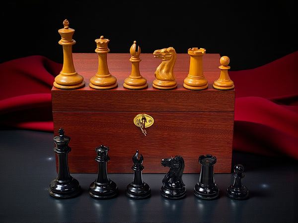 3.5" 1849 Antique Cooke Chessmen with Mahogany Box