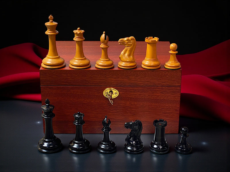 3.5" 1849 Antique Cooke Chessmen with Mahogany Box