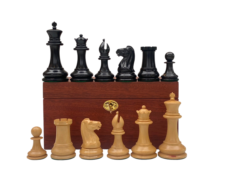 1850 Boxwood and Ebony Chessmen – 4.4-Inch King -Deluxe Mahogany Box