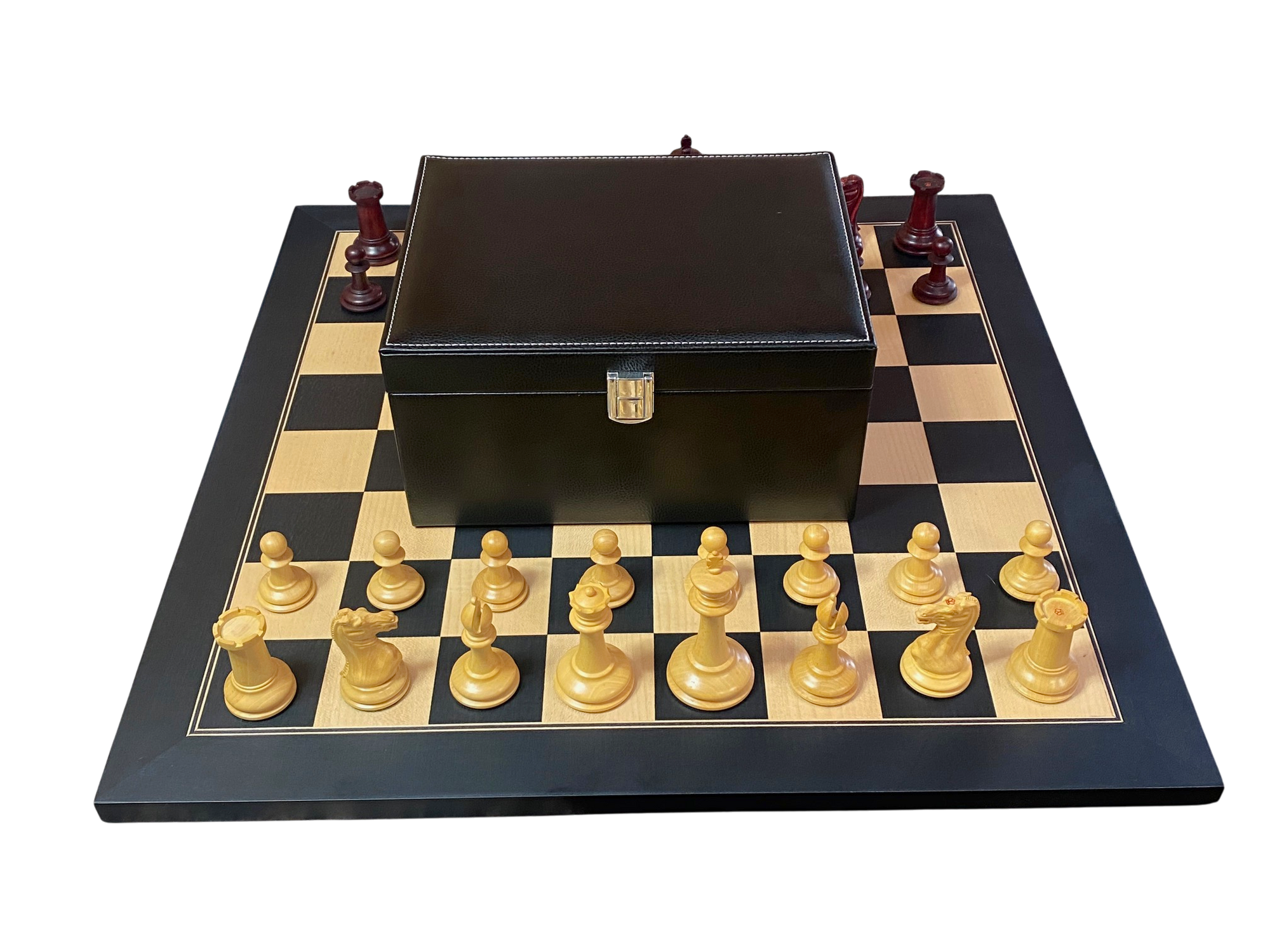 Cooke 3.5" Claret Boxwood Chess Set with 52cm Anegre Deluxe Chessboard & Vinyl Box