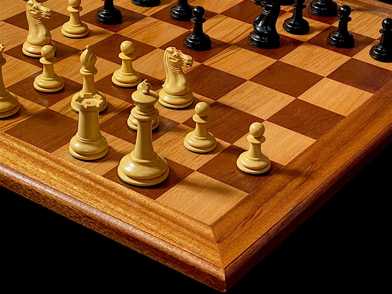 3.5" Cooke Reproduction Chess Pieces, Antiqued Chessboard, Mahogany Hinged Box