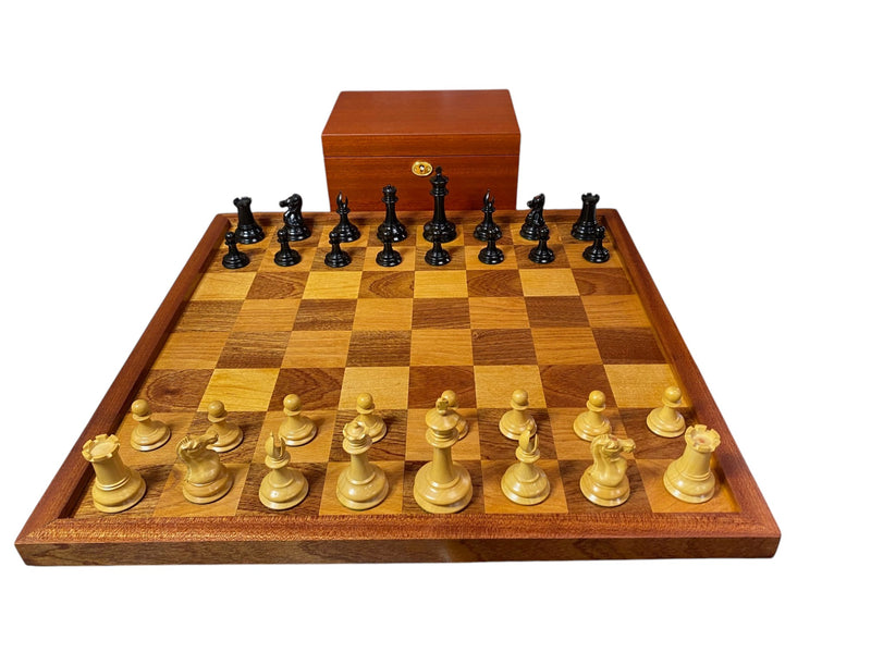Leuchars Cooke 1849 Chess Set with Large Antiqued Framed Board, Hinged Mahogany Box