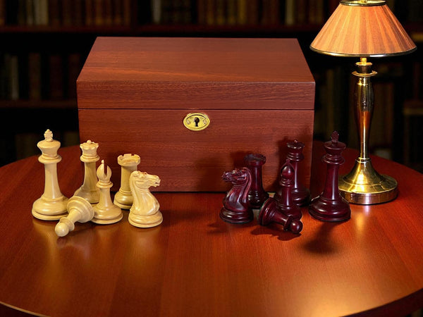 Cooke 3.5" Claret Boxwood Chessmen and Mahogany Hinged Box