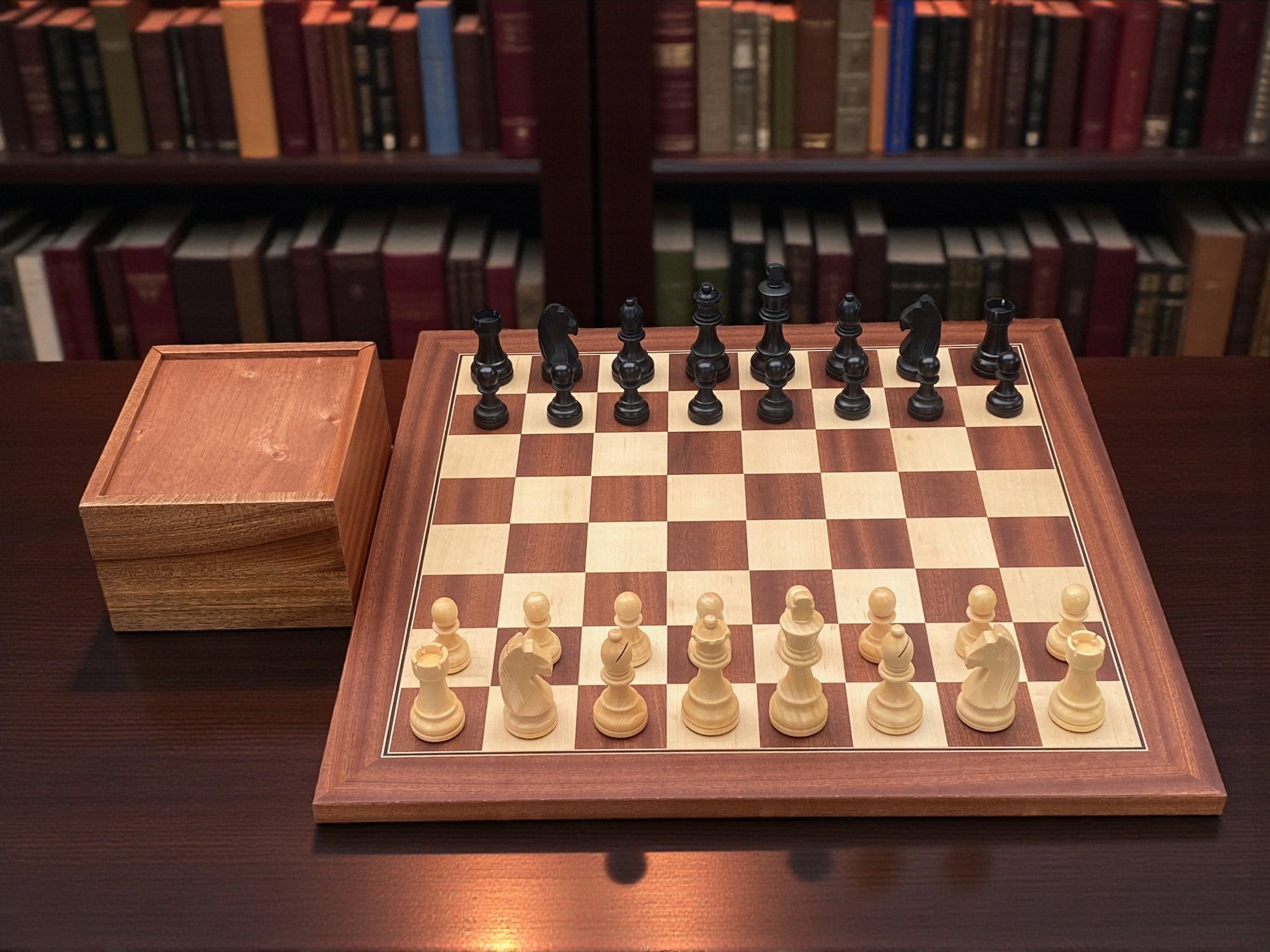 3.75" Grandmater Black Mahogany Deluxe Chess Set and Slide Lid Box