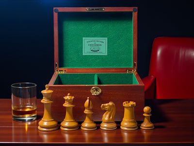 4.4" 1850 Antique Ebony Chessmen and Mahogany Deluxe Box
