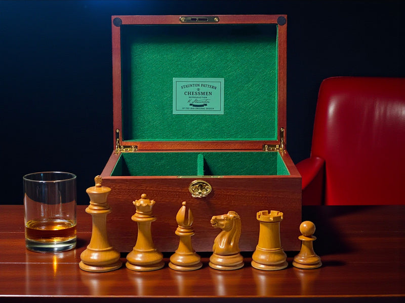 4.4" 1850 Antique Ebony Chessmen and Mahogany Deluxe Box