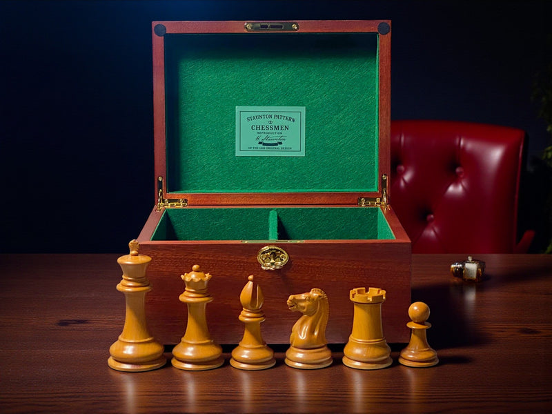 4.4" 1850 Antique Ebony Chessmen and Mahogany Deluxe Box