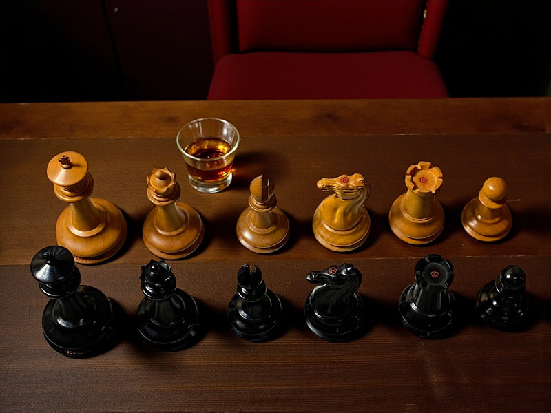 3.5" 1850 Antique Ebony Chessmen with Hinged Mahogany Box