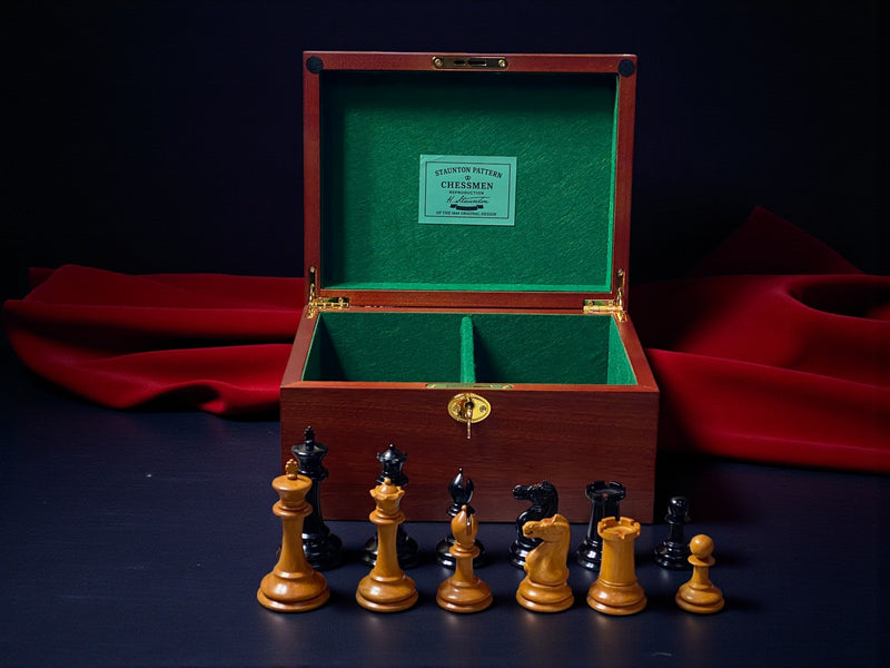 3.5" 1862 Antique Staunton Chessmen and Mahogany Deluxe Box