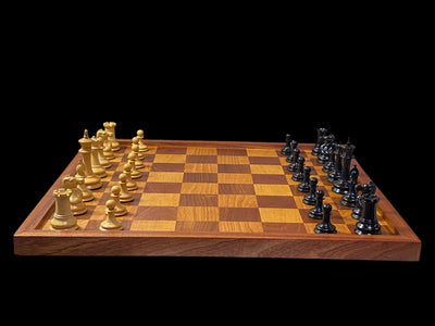 Leuchars Cooke 1849 Chess Set with Large Antiqued Framed Board, Hinged Mahogany Box