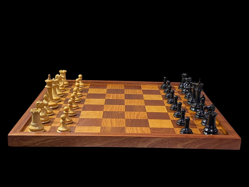 Leuchars Cooke 1849 Chess Set with Large Antiqued Framed Board, Hinged Mahogany Box