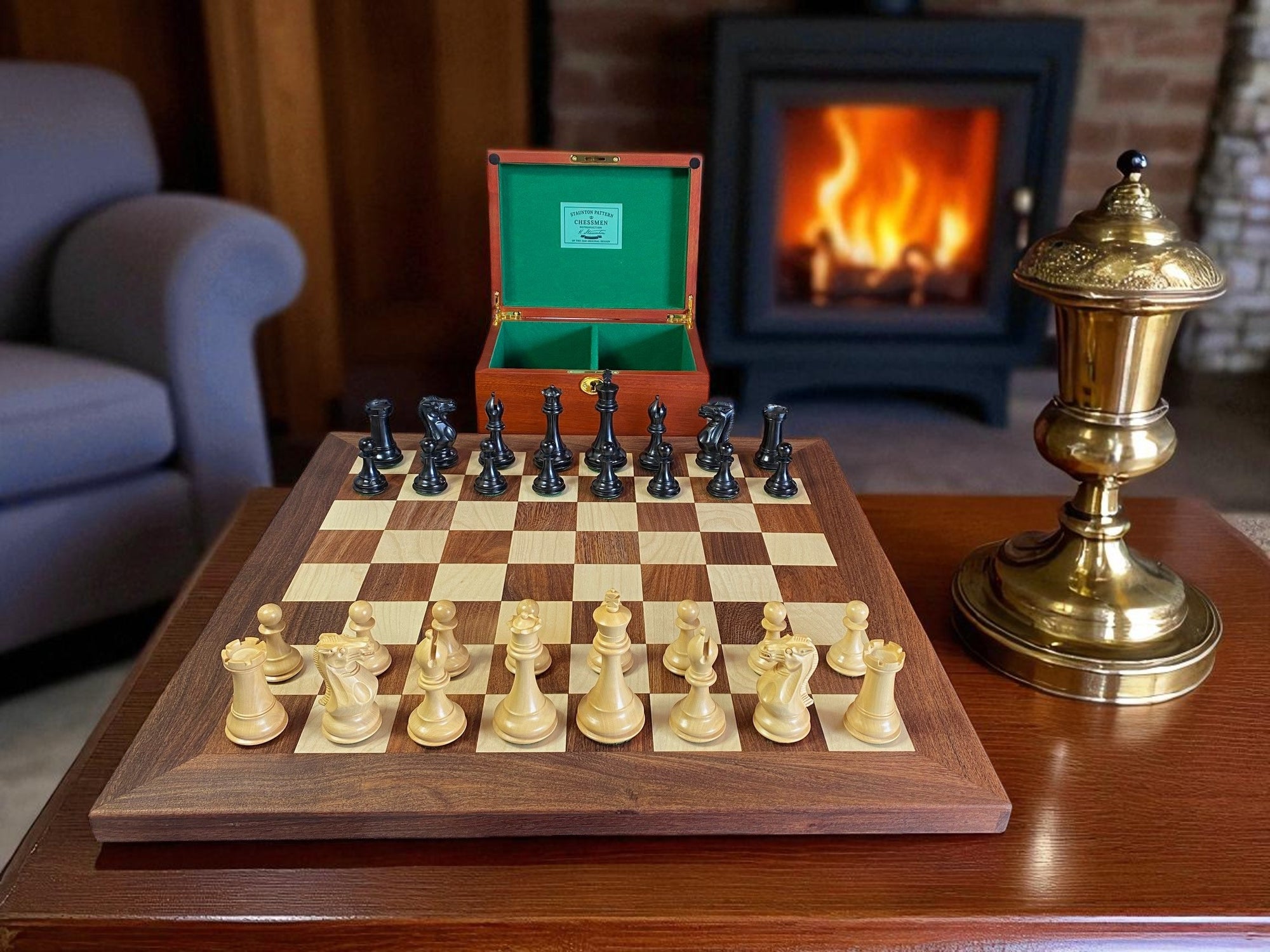 21-Inch Acacia & Maple Chessboard with 4-Inch Staunton Collector Series Chessmen & Mahogany Box