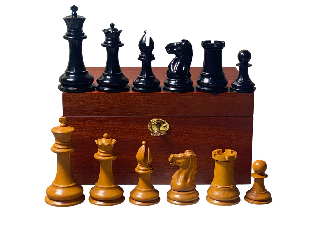 4.4" 1850 Antique Ebony Chessmen and Mahogany Deluxe Box