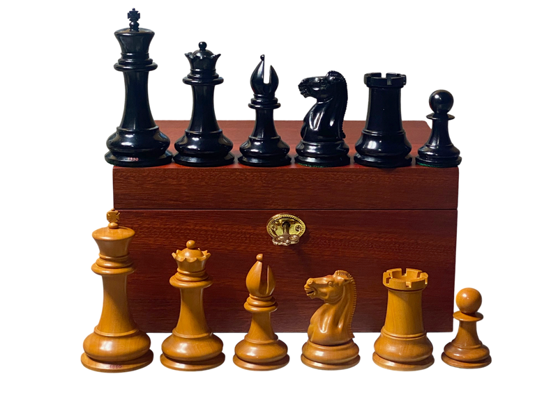4.4" 1850 Antique Ebony Chessmen and Mahogany Deluxe Box