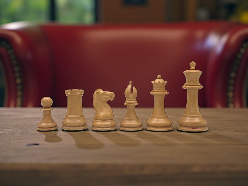 1850 Boxwood and Ebony Chessmen – 4.4-Inch King -Deluxe Mahogany Box
