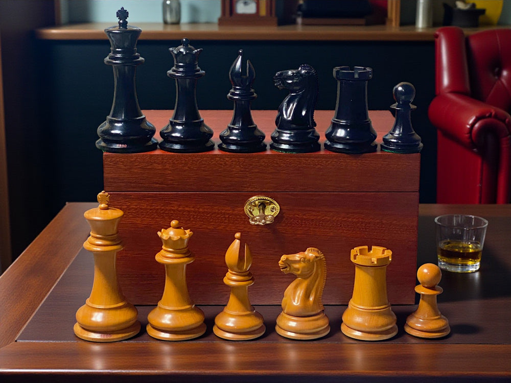 4.4" 1850 Antique Ebony Chessmen and Mahogany Deluxe Box