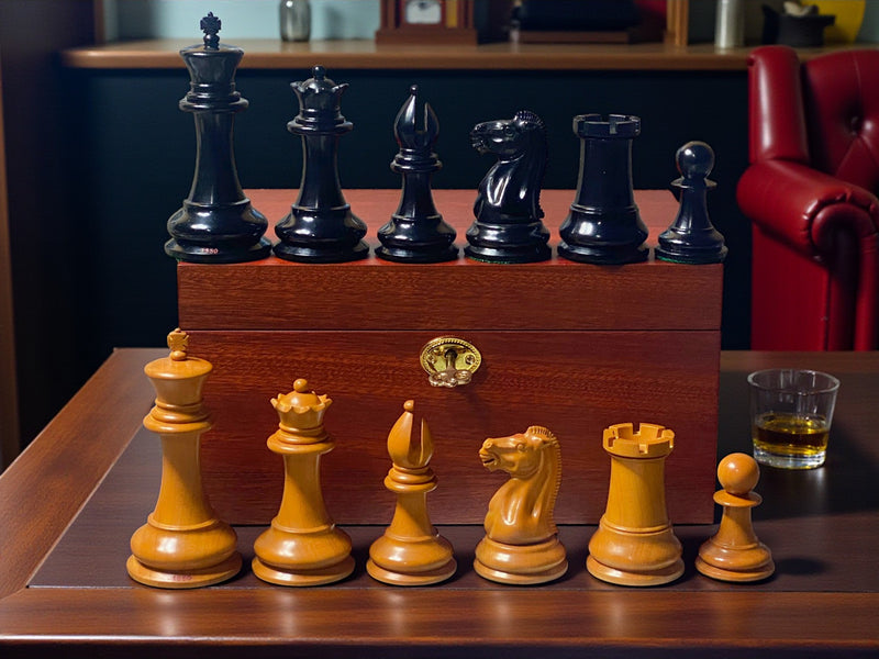 4.4" 1850 Antique Ebony Chessmen and Mahogany Deluxe Box